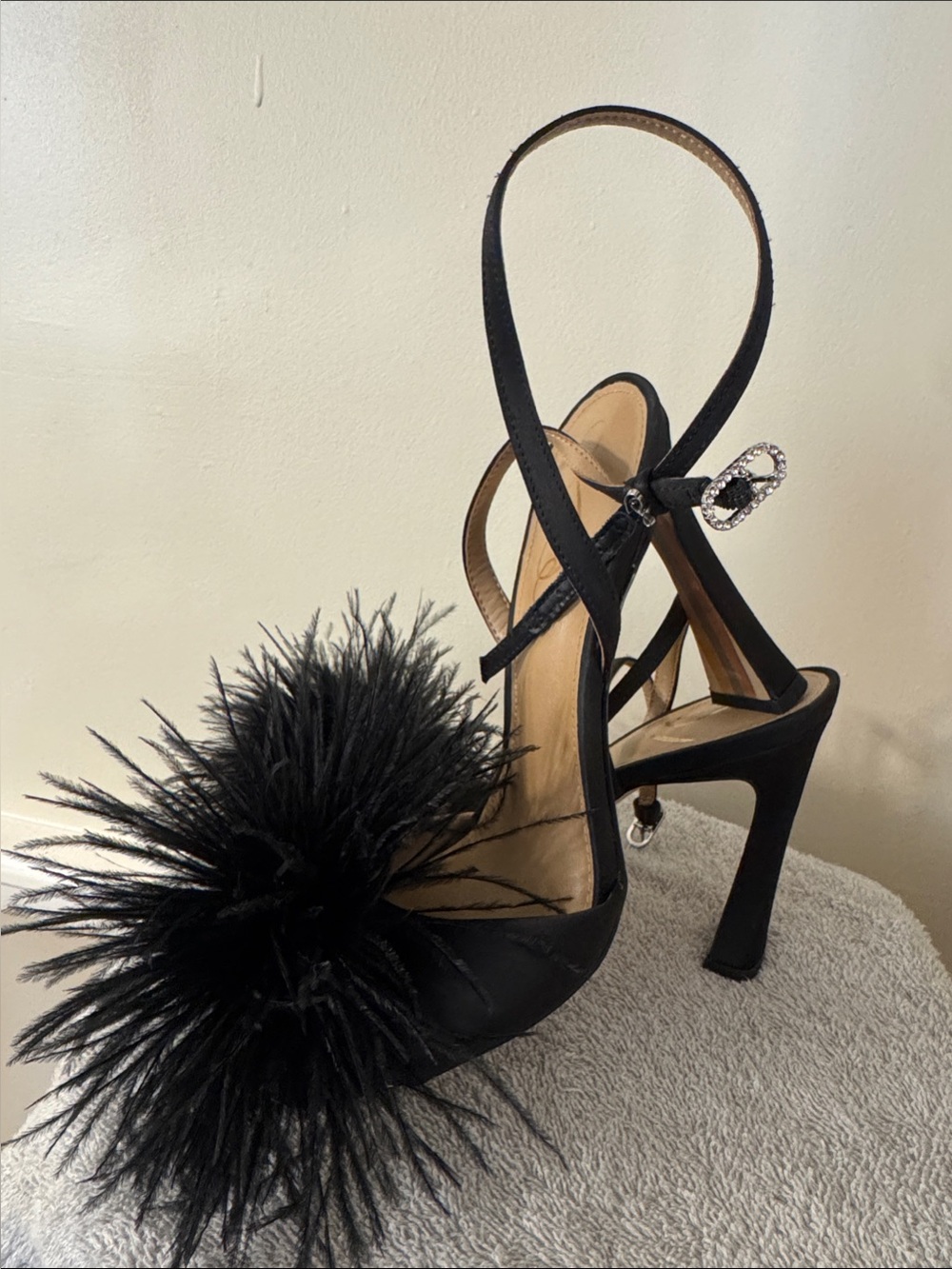 Sam Edelman Black Feather Pom Slingback Heels with Rhinestone Buckle